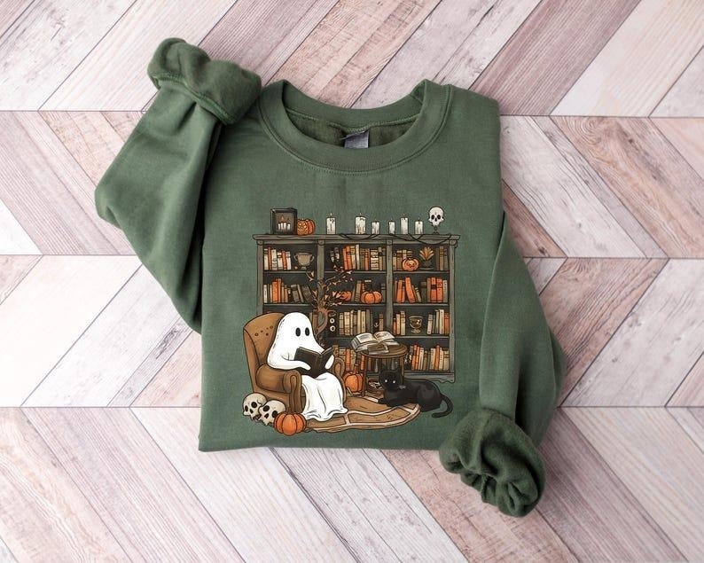 Retro Ghost Reading Books Sweatshirt, Librarian Ghost Halloween, Halloween Teacher tshirt, Halloween Shirt, Teacher Gift,...