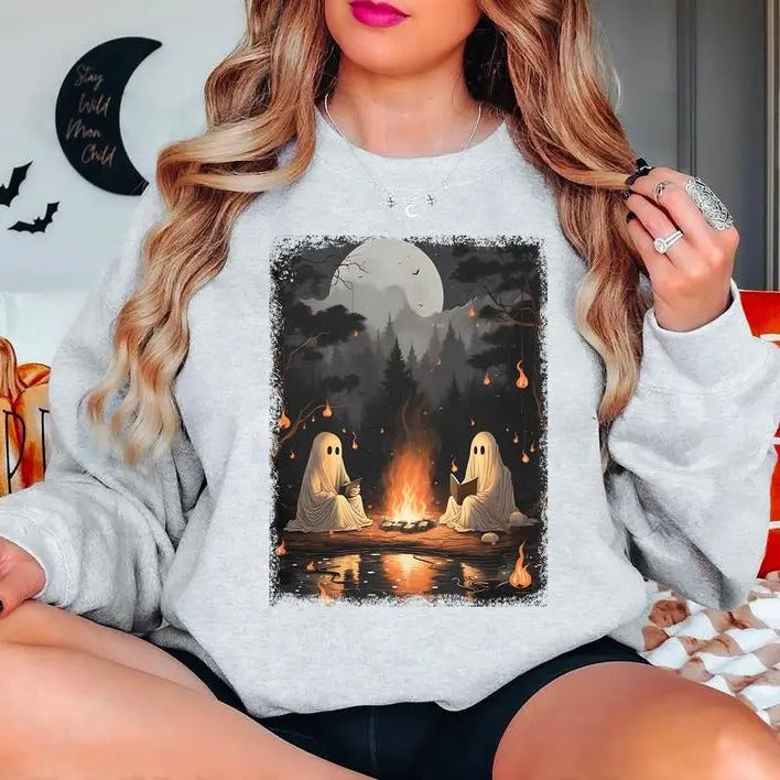 Retro Ghost Sweatshirt, 90s Halloween Shirt, Ghost Camping Sweatshirt, Ghost Reading Shirt, Halloween Gift For Book...