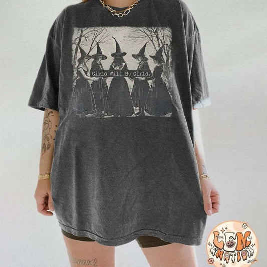 Retro Girls Will Be Girls Witch Shirt , Funny Witch Vintage Sweatshirt, Vintage Halloween Women Shirt, Witchy Vibes Shirt