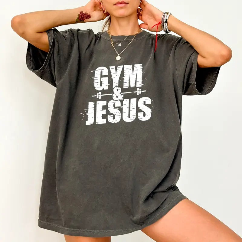 Retro Gym And Jesus Comfort Colors Shirt, Christian Gym T-shirt, Faith Workout Unisex Graphic Tee, Gift For Religious Gym Lovers