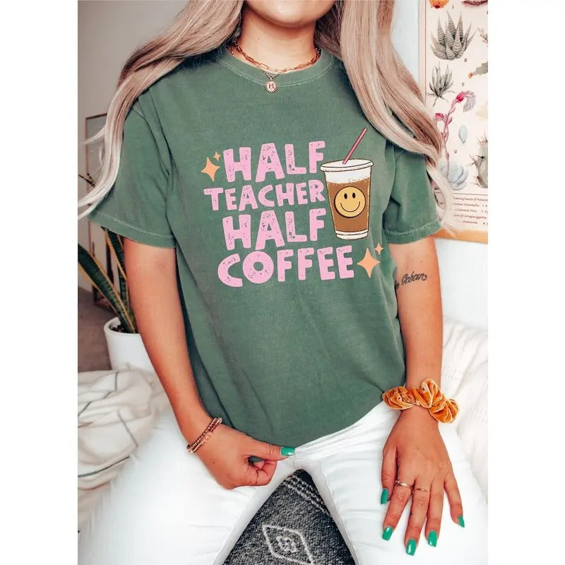 Retro Half Teacher Half Coffee Shirt, Cute Coffee Lover Teacher Shirt, Teacher Appreciation Gift, Back To School, New...