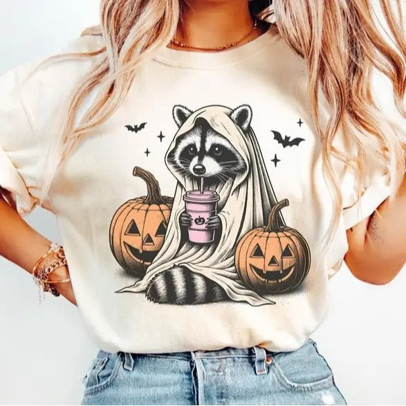 Retro Halloween Shirt, Cute Raccoon Ghost Shirt, Raccoon Halloween Shirt, Vintage Pumpkin Fall Shirt, Spooky Season Gift...
