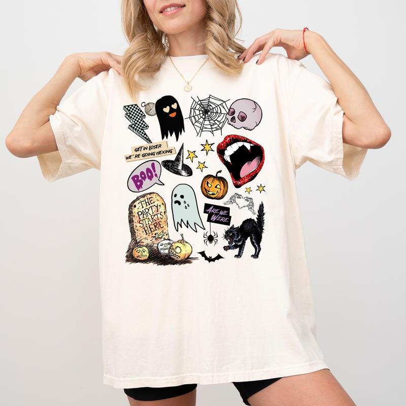 Retro Halloween Spooky Shirt Comfort Colors, Coquette Halloween Graphic Tee, Cutesy Ghost Unisex Shirt, Trendy Halloween t-shirt, Spooky Season Shirt, Spooky Vibes Tee, Halloween Gifts, Women's Top, Womenswear, Cotton Comfy Fabric Relaxed Fit Style