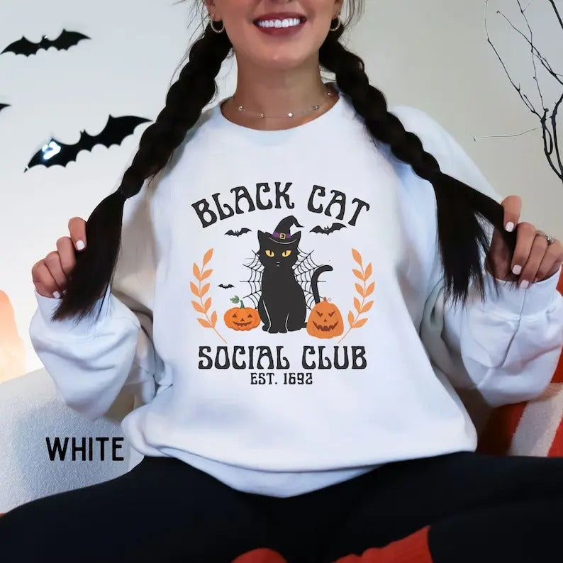 Retro Halloween cat sweatshirt, Black cat social club, Vintage Fall clothing, Spooky season sweater, Womens pumpkin season crewneck shirt