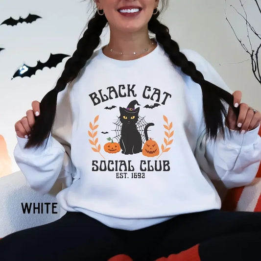 Retro Halloween cat sweatshirt, Black cat social club, Vintage Fall clothing, Spooky season sweater, Womens pumpkin season crewneck shirt