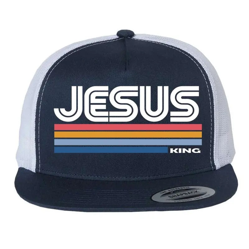 Retro Jesus is King Christian Catholic Faith Flat Bill Trucker Hat Snapback Black Caps Classic Snapback Snapback Baseball...