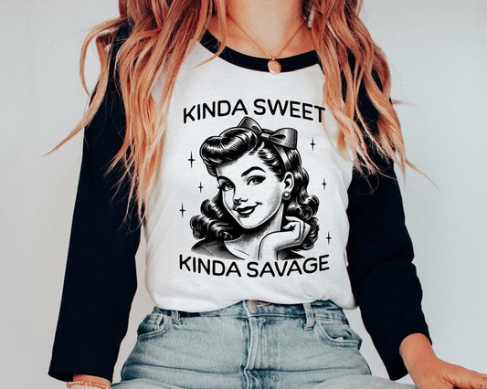 Retro Kinda Sweet Kinda Savage Unisex Shirt, Funny Sassy Shirt Available in Long Sleeve, Raglan or Short Sleeve  Womenswear Oversized Printed Crewneck Top