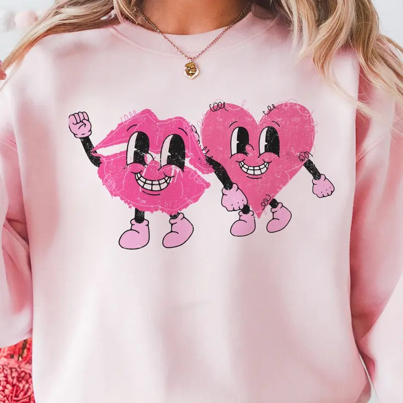 Retro Lip and Heart Valentine Sweatshirt Vintage Lip and Heart Friendship Pullover Sweet Lips Valentine Top Womens Casual...