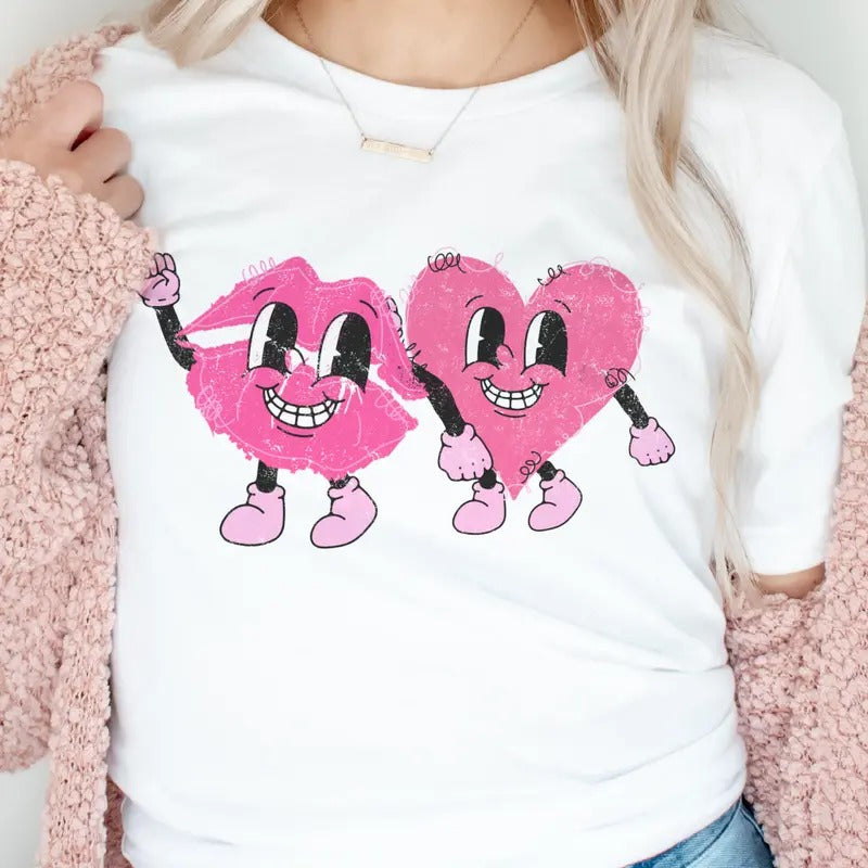 Retro Lip and Heart Valentine Tees Vintage Lip and Heart Friendship Tshirt Sweet Lips Valentine Top Womens Casual Retro...