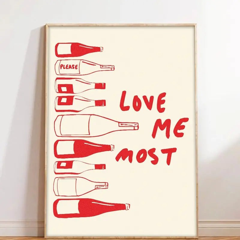 Retro Love Me Most Doodle Print Wall Art, Red Crayon Sketch Print, Wine Doodle Print, Kitchen Wall Print, Dorm Wall Art,...