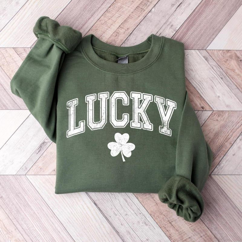 Retro Lucky Sweatshirt, Cute St Patricks Day Sweatshirt, Womens Shamrock Sweatshirt, Irish Shirt, Four Leaf Clover, St...