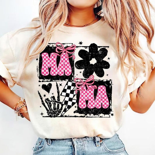 Retro Mama Coquette Bow Checker T-Shirt, Retro Mother hood T-Shirt, Funny Mom Sarcastic, Pink Mom Shirt, Mothers Day Shirt, Rockin Mama, Skeleton