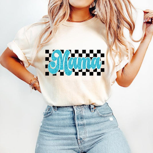 Retro Mama T-Shirt, Blue Mom T-Shirt, Retro Checkered T-Shirt, Trendy Mom Shirt Design