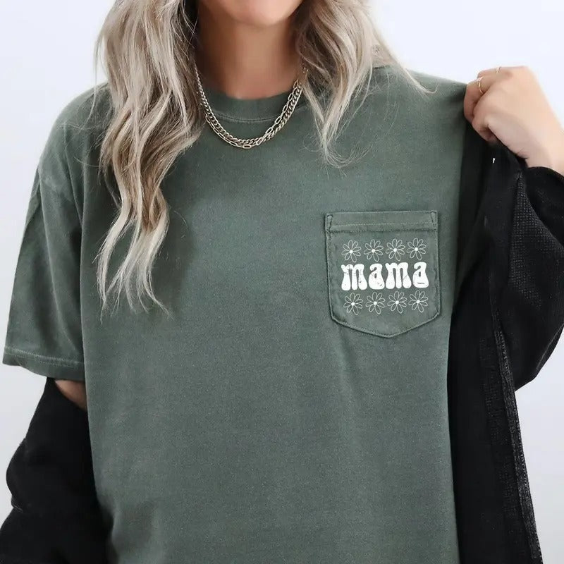 Retro Mama, Daisy, Pocket Tee, Women's Comfort Colors Tee Hoodie, Sweatshirt | DripVista.com