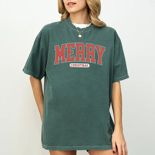 Retro Merry Christmas Comfort Colors Shirt, Vintage Merry Christmas Varsity Unhinged Tees, Christmas Vibes Tee, Holiday Family Oversized Graphic Tee