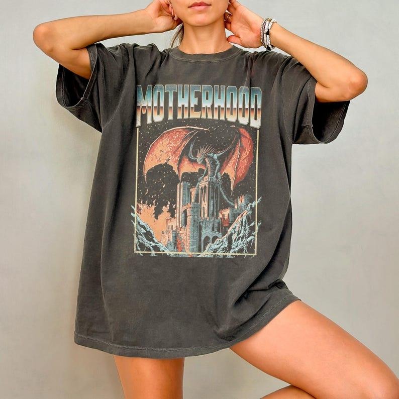 Retro Motherhood Shirt, Funny Mom T-Shirt Gift For Mother's Day, 90s Dragon Dark Fantasy Graphic Tee, 80s Vintage Mama...