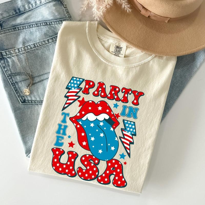 Retro Party In The USA, Tongue, 4th of July Tshirt, Women's Crew Neck, Crewneck Hoodie, Sweatshirt | DripVista.com
