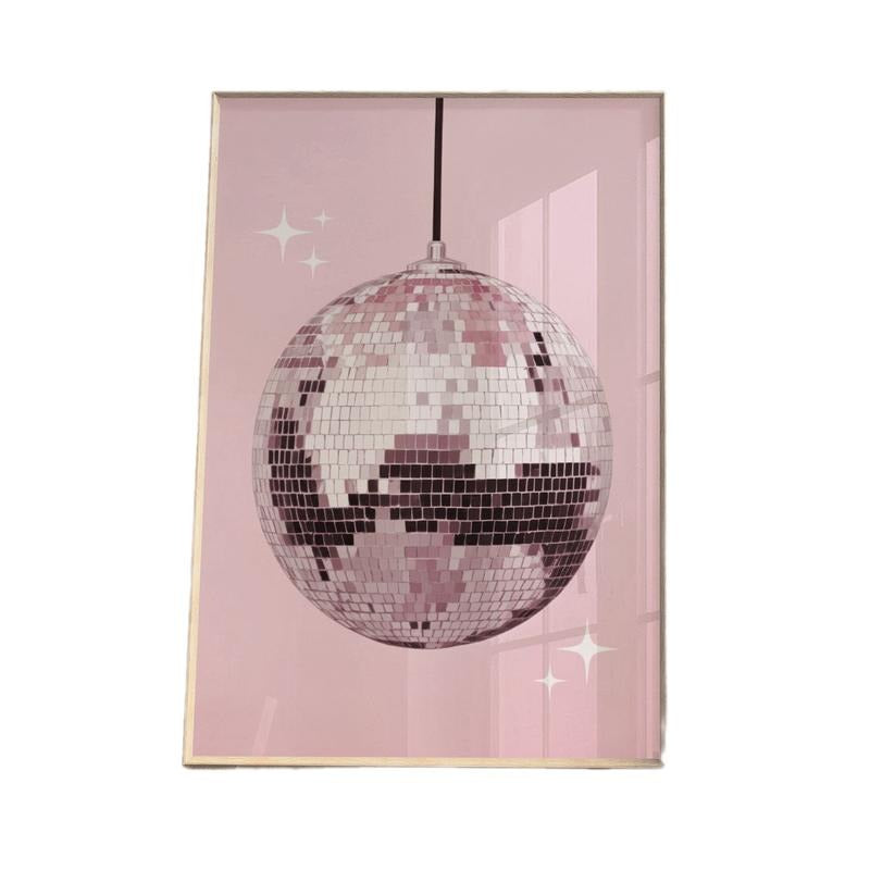 Retro Pink Disco Ball Poster, Mirror Ball Wall Art, Vintage 70's Style Decor, Trendy Prints Poster, Pink Aesthetic...