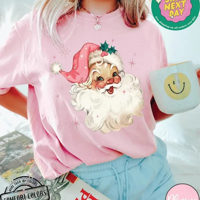 Retro Pink Santa Christmas Shirt, Women Pink Christmas Sweatshirt Matching, Vintage Santa Claus Sweater