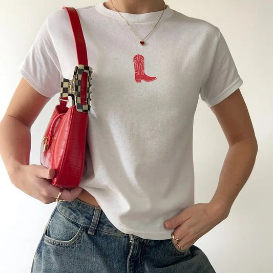 Retro Red Cowboy Boot Tee For Rodeo Vintage Country Baby Tee,  Aesthetic Western shirt For Concert Cowgirl Collar Cotton