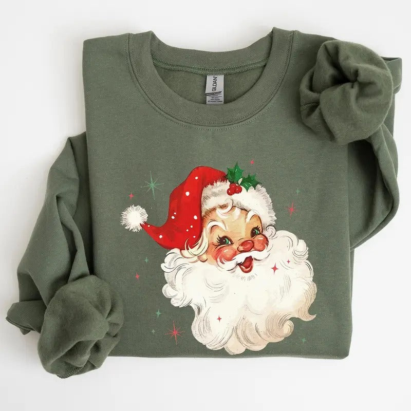 Retro Santa, Red Christmas Sparkles, Vintage, Winter, Snow, Xmas Sweatshirt, Women's Crew Neck, Crewneck T-Shirts, Hoodie