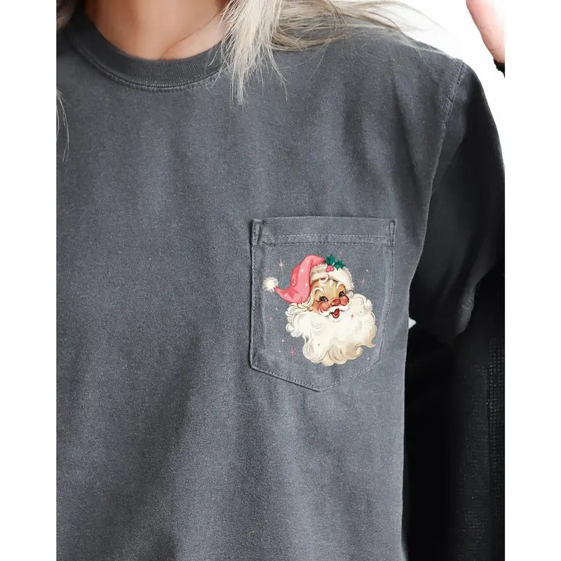 Retro Santa, Sparkles, Pocket, Pink Hat, Christmas, Winter, Snow, Xmas Pocket Tee, Women's Comfort Color Tee, Tshirt...