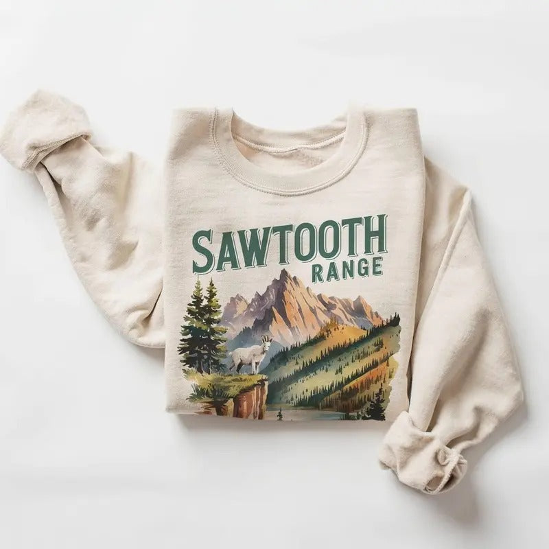 Retro Sawtooth Mountain Range Sweatshirt 90s Vintage Mountain Goat Idaho Mountains Wilderness - Boho Unisex T-shirt...