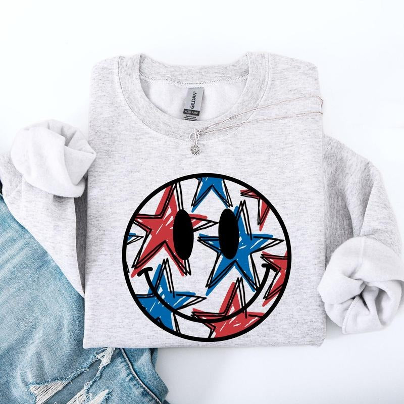 Retro Smiley, Patriotic, USA, America, 4th of July Sweatshirt, Crew Neck, Women's, Crewneck T-Shirts, Hoodie | DripVista.com