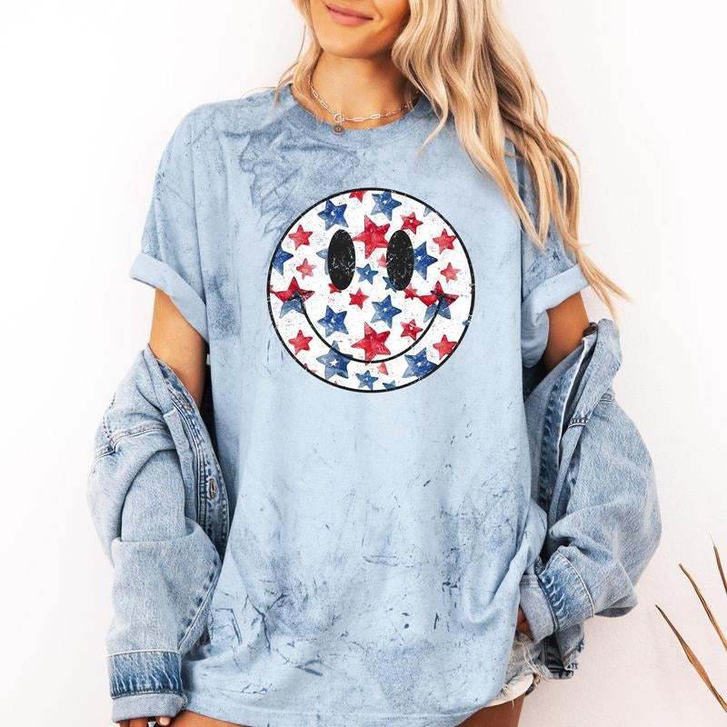 Retro Smiley, Vintage, Patriotic, America, USA, 4th of July, Color Blast Tshirt Comfort Colors T-Shirt, Women's Comfort...