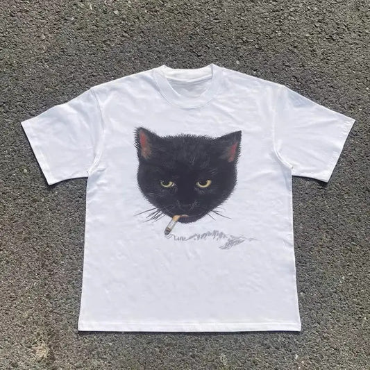 Retro Smoki ng cat graphic tee y2k vintage style white tshirt, Retro tshirt, cat tshirt, Trendy streetwear graphic tees- Menswear Shortsleeve Streetwear