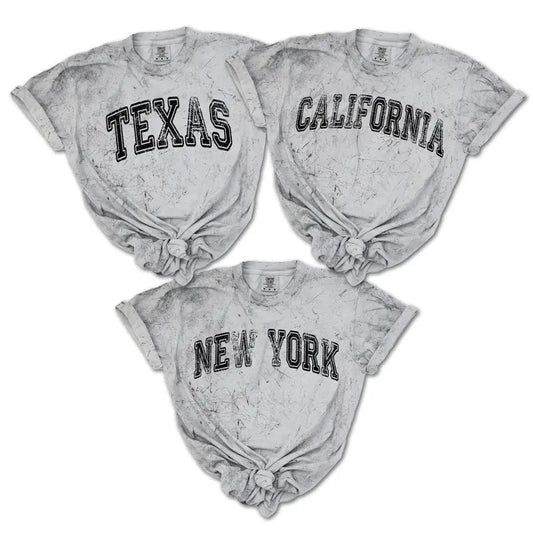 Retro State Name Color Blast Tee, Comfort Colors Tshirt, Vintage Collegiate Style, Cotton, Crew Neck, California, Florida, Texas, New York