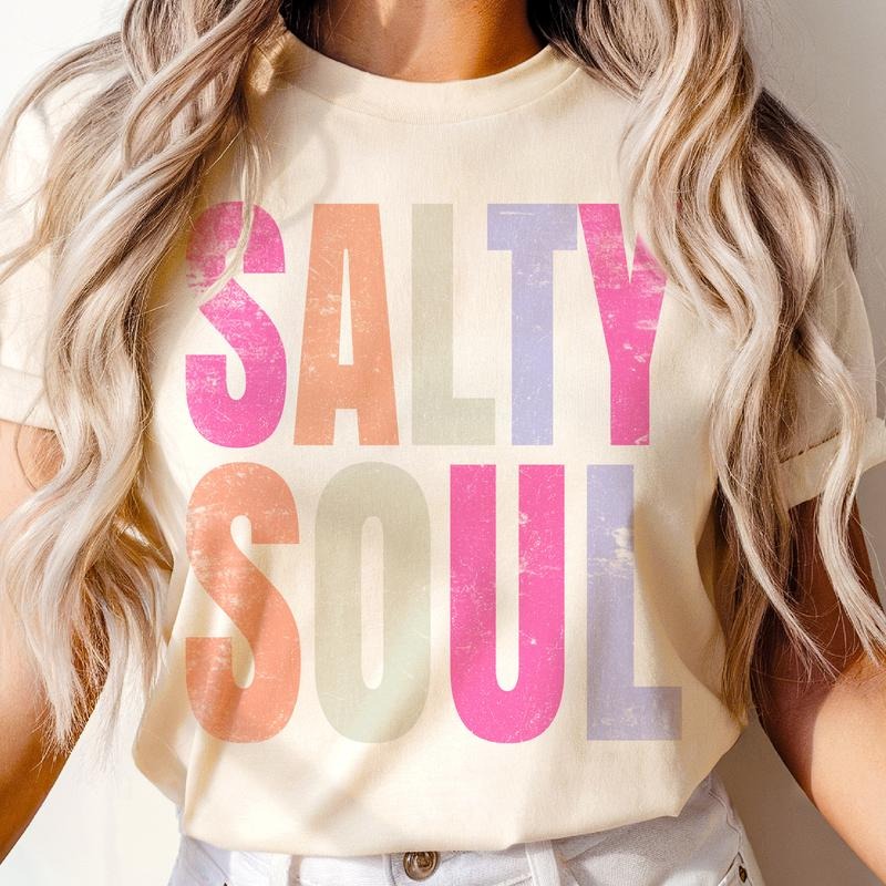 Retro Summer Salty Soul Pastel Graphic Tee Distressed Beach Tan and Tipsy Tshirt Sweet Summer Time Top Chasing Sunshine Summer Shirt Womens Casual Unisex T-Shirt