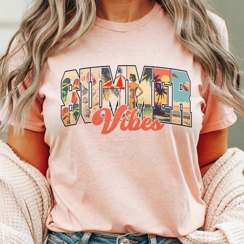 Retro Summer Vibes Graphic Tee Beach Vibes Summer Vintage Tshirt Casual Summer Women's Shirt Lightweight Ocean Vacation...
