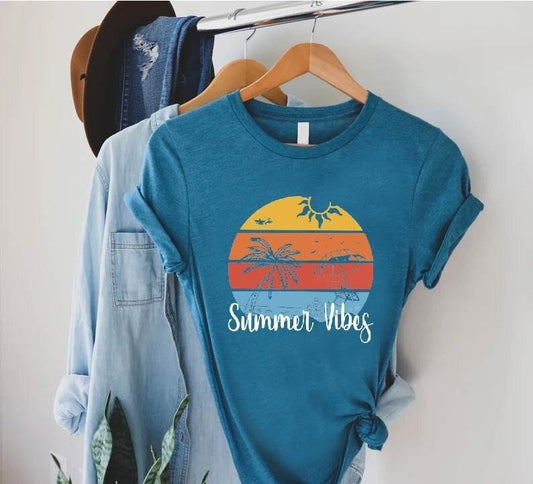 Retro Tropical Sunset Summer Shirt Summer Vibes Tshirt Palm Beach Shirt Beach Trip Gifts Funny Summer Camp Tee Cute Unisex Graphic Tee