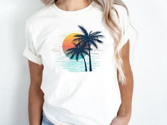 Retro Tropical Sunset Summer Shirt, Vintage Palm Tree Shirt, Colorful Glitch T-Shirt, Nature Shirt, Palm Beach Shirt,Cute Unisex Graphic Tee