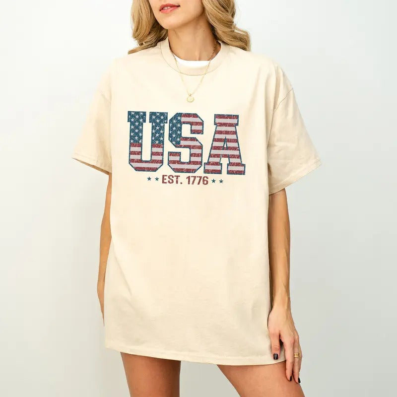 Retro USA  Shirt, America 4th of July T-Shirt, USA Flag Tee, Stars and Stripes Tee, American Women T-Shirt