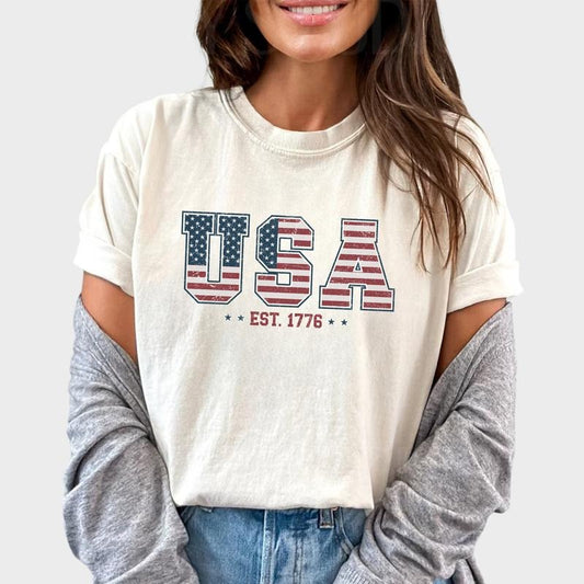 Retro USA Est 1776 Shirt, Independence Day Vintage Graphic Printed Tee, USA Flag Unhinged Shirt, Proud America Patriotic Unisex Comfy Fabric Graphic Tee, Women's Top, Womenswear, Menswear, Cotton Fabric Relaxed Fit Tee