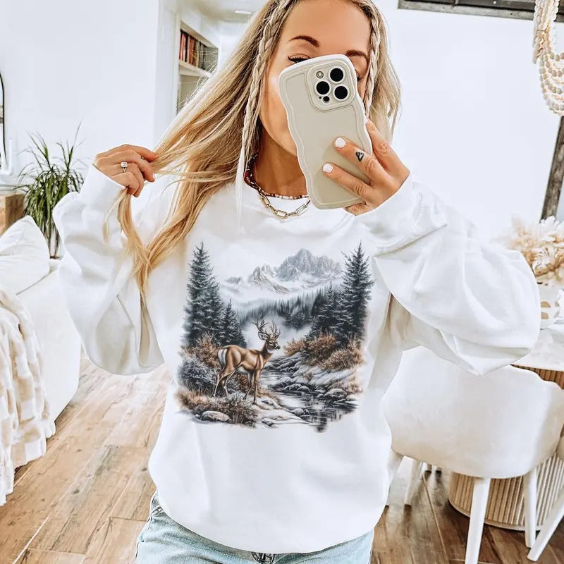 Retro Whitetail Buck Deer Winter Mountain Scene Sweatshirt, Nineties 90s Vintage Deer Nature Lover Outfit, Boho Unisex...