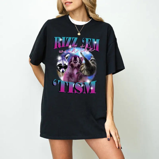 Rizz Em With The Tism Retro Shirt, Raccoon Meme Tee, Relaxed Soft Cotton Shirt, Vintage Funny Raccoon Graphic Shirt, Autism Awareness