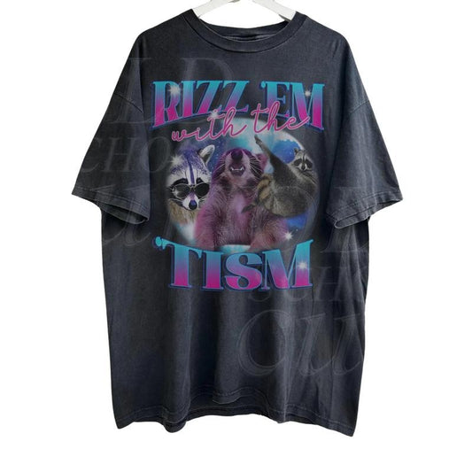 Rizz Em With The Tism Retro Shirt, Vintage Funny Raccoon Graphic Shirt, Relaxed Soft Cotton Shirt, Autism Awareness, Raccoon Meme Tee Menswear Top Underwear Tshirt