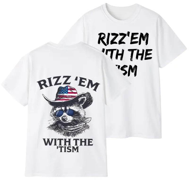 Rizz'em With The 'Tism T-Shirt - Unique Design Featuring Patriotic Raccoon in Cowboy Hat, Perfect for Fun-Loving...