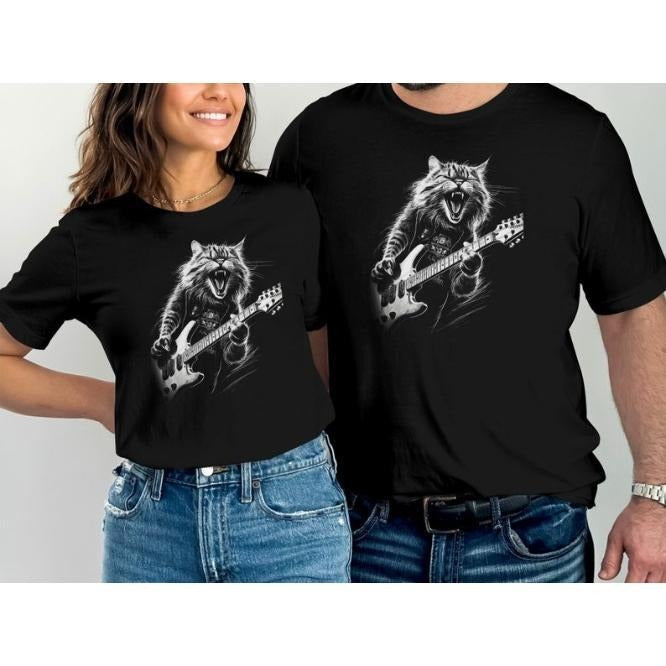 Rock Cat Playing Guitar mens woman Funny Guitar Cat T-Shirt, Unisex Short Sleeve T-Shirt, Rocker Shirt, More Colors made...