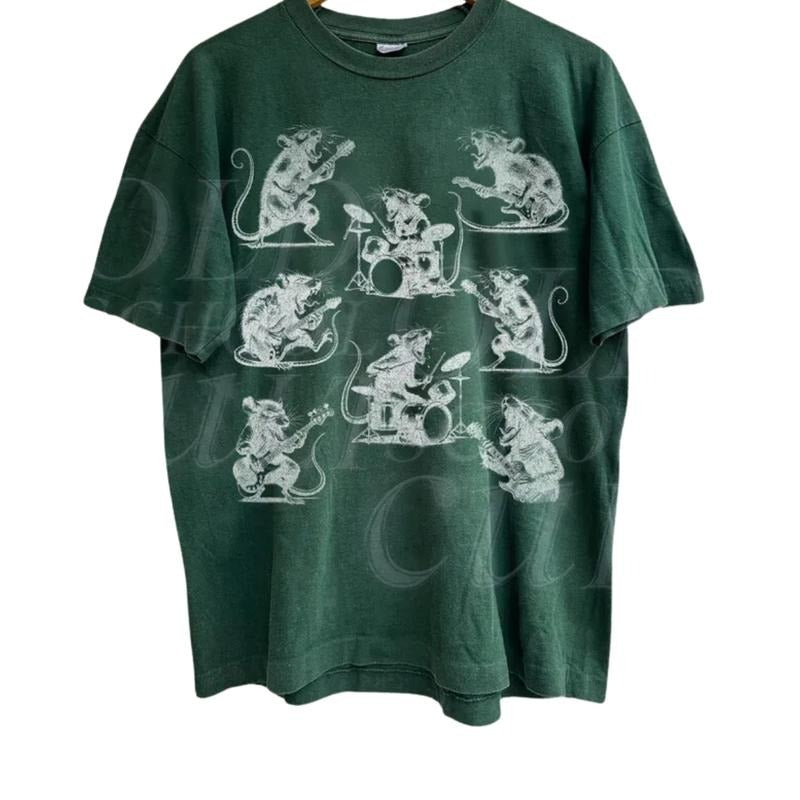 Rocker Rats Vintage 90s T-Shirt, Retro Rat Playing Rock Guitar Tshirt, Gothic Grunge Clothing, Horror Rat Playing Drums Tee, Dark Academia