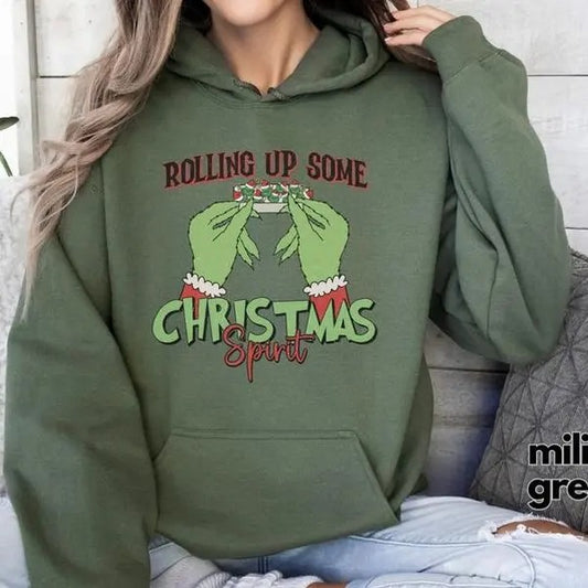 Rolling Up Some Christmas Spirit SweatShirt T Shirt, G.r.ii.ch.mas Shirt For Sale, Easy to match,Trendy Christmas Shirt ,Cotton,Womenswear