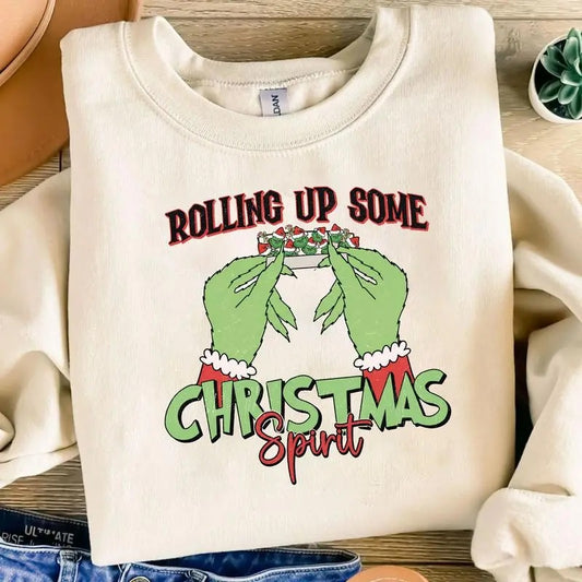 Rolling Up Some Christmas Spirit SweatShirt , Griinchmas Shirt For Sale, Easy to match Hoodie, Trendy Christmas Shirt ,Cotton,Womenswear