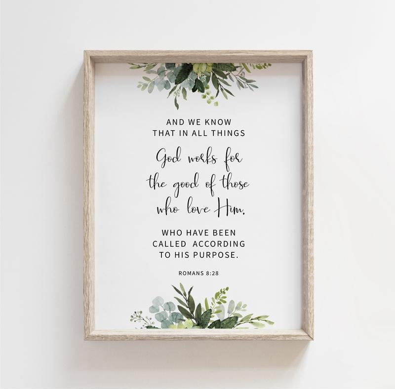 Romans 8:28 God Works For The Good Bible Verse Wall Art, Scripture Print, Large Bible Verse, Christian Wall Art, Poster...