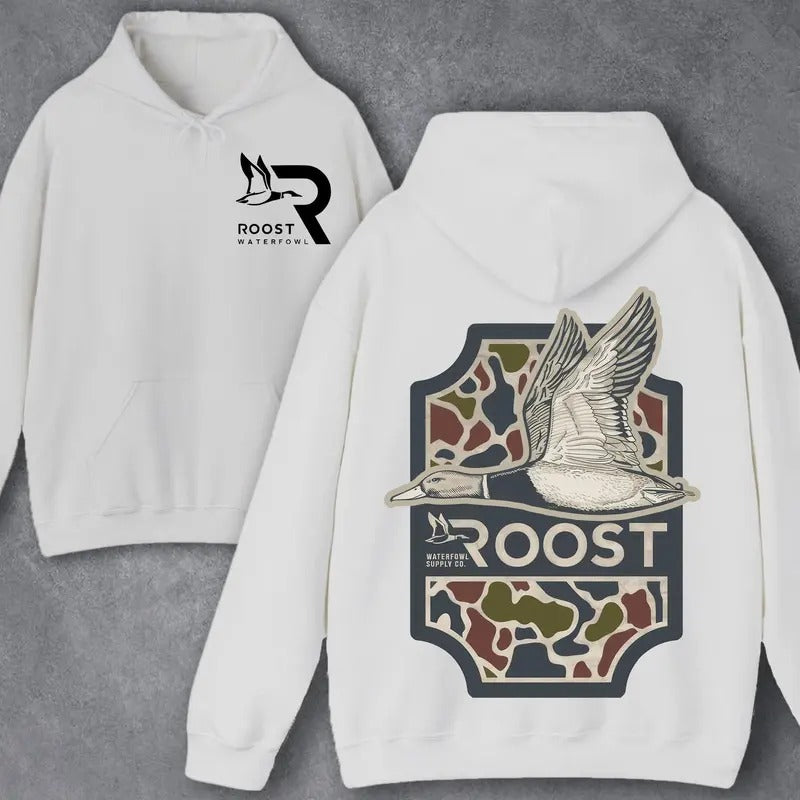 Roost Waterfowl Duck Hunting Camo Bottomland 2 Sided Unisex Hoodie - Sweater - T-shirt Sweatshirt | DripVista.com