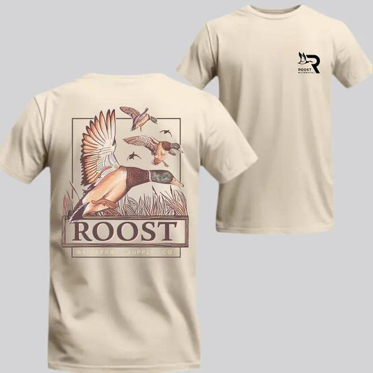 Roost Wf Hunting T-Shirt , Flying Duck with Camo Background, Menswear Graphic  Tee for Outdoor Sports and Hunting, Gift for Women for Men, Y2k, Back to School, Casual Top Unisex