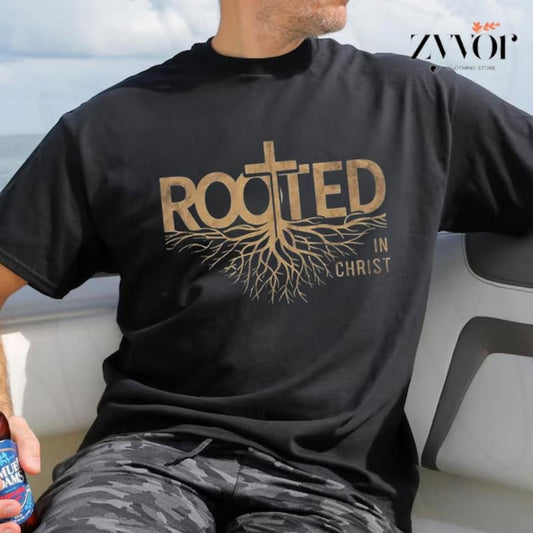 Rooted In Christ T-Shirt Casual Style Crew Neck Short Sleeve T-Shirt Tops Trendy for Unisex, Perfect Gift