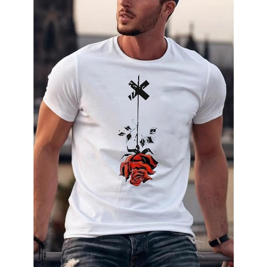 Rose pattern printed T-shirt men's casual style summer and autumn slightly elastic round neck T-shirt Made in USA